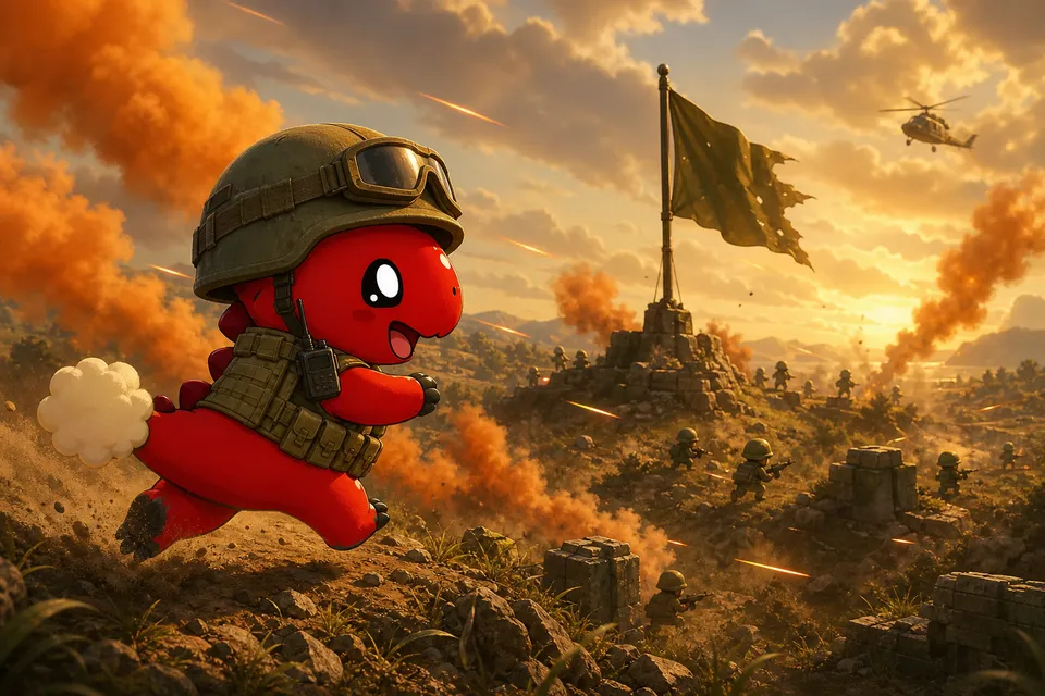 Bommel mit Helm und Weste sprintet über ein Schlachtfeld zur Flagge